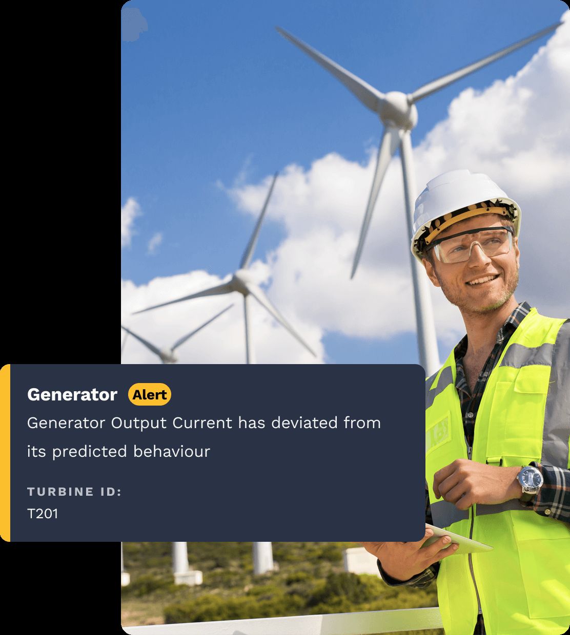  Man in hi-vis standing in front of turbines with screenshot of Windscope alert overlaid